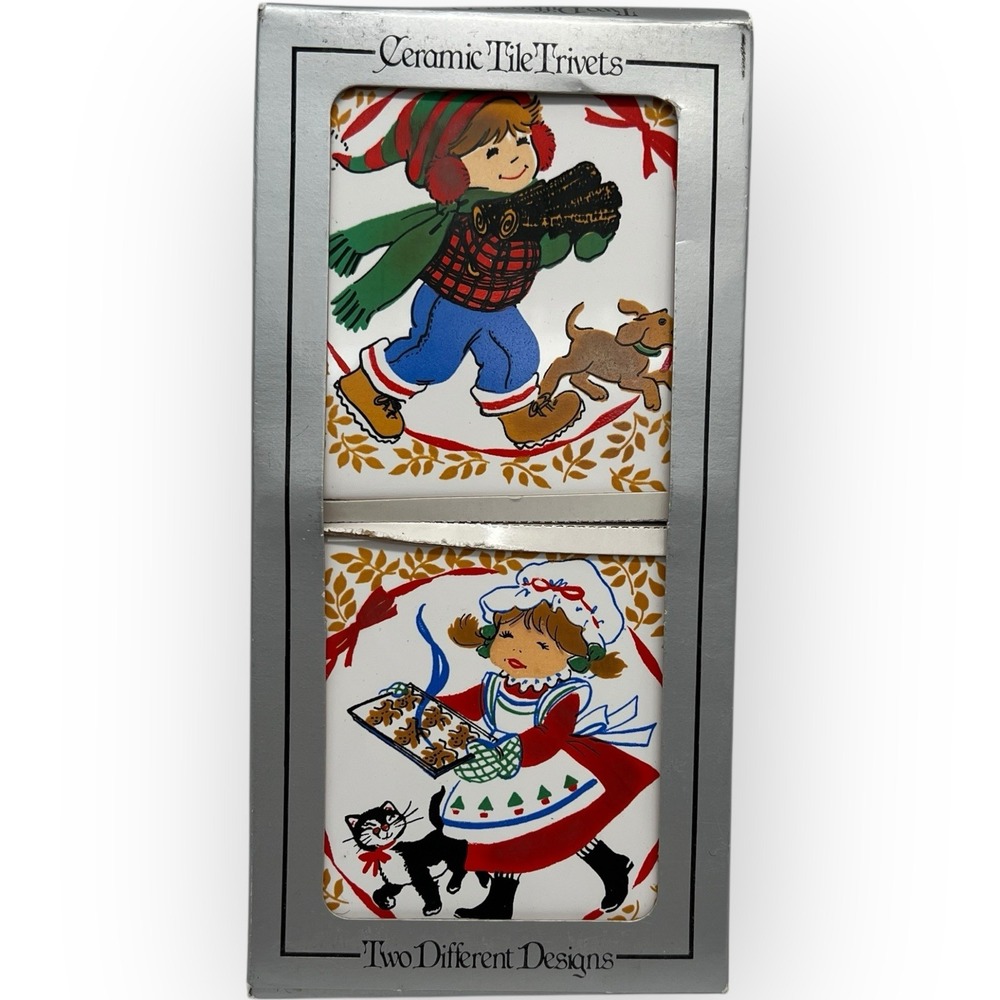 VTG Jasco‎ Christmas Trivet Wall Hanging Ceramic Boy Logs Dog Girl Cookies Cat